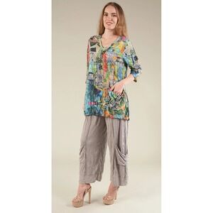 Shana Womens XXL Abstract Village Print V-Neck Tunic Top‎ 3/4 Sleeve Artsy Color